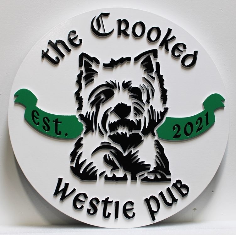 RB27631- Carved 2.5-D  Raised Relief  Sign  for the "Crooked Westie"  Pub with a West Highland White Terrier or "Westie" as Artwork 