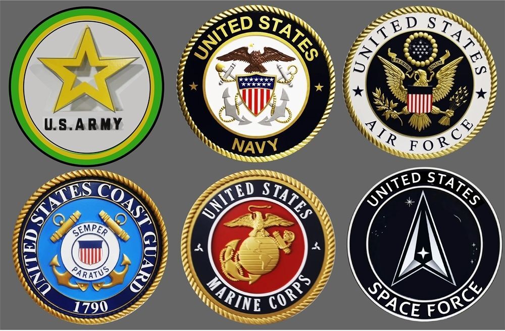 IP-1254 -  Set of Six Carved Plaques of the Emblems / Logos of the Six Armed Forces, Navy, Marines, Air Force, Army & Coast Guard, Artist Painted (Type 2)