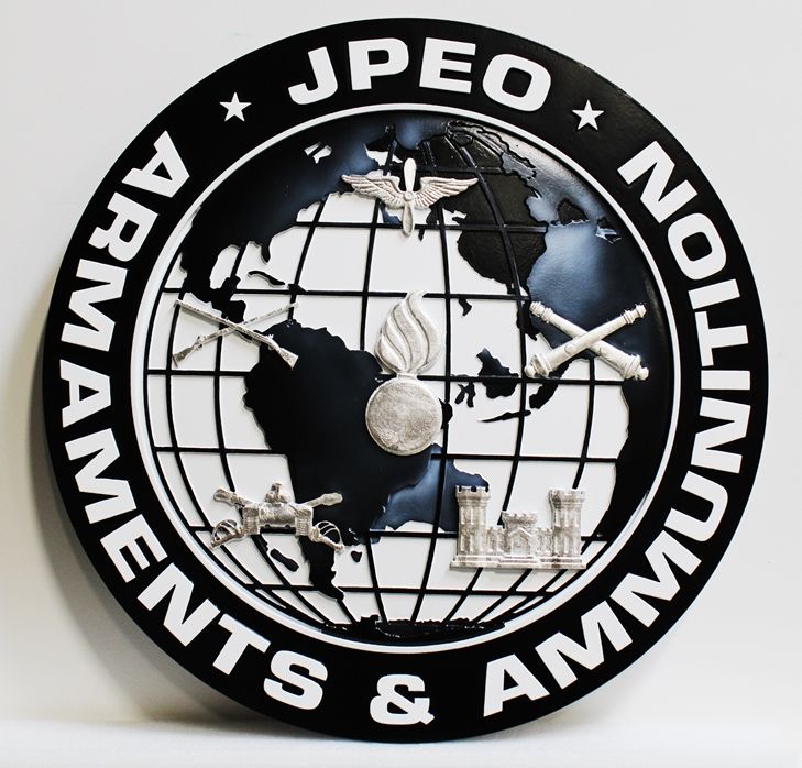 IP-1872 - Carved Plaque of the Seal of the Joint Program Executive Office (JPEO), Armaments & Munitions, 3-D Artist-Painted with Silver Leaf