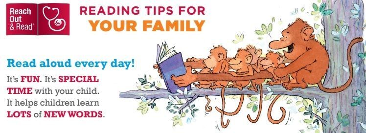 Family of monkeys reading together in a tree. Text: Read aloud every day.