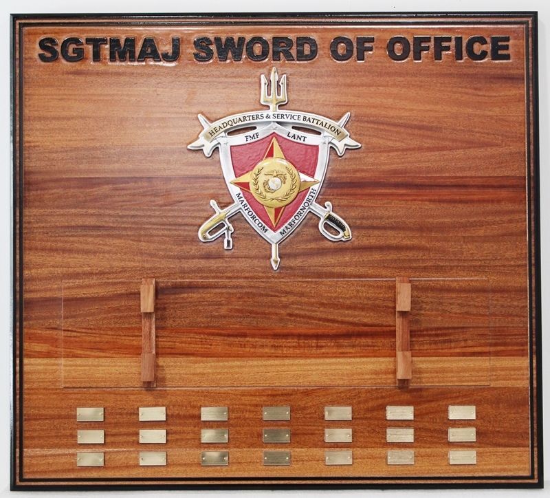 Mahogany Recognition Plaque the US Marine Corps "Sword of Office", Honoring Sergeant Majors of the Headquarters and Service Battalion, MARFORCOM NORTH