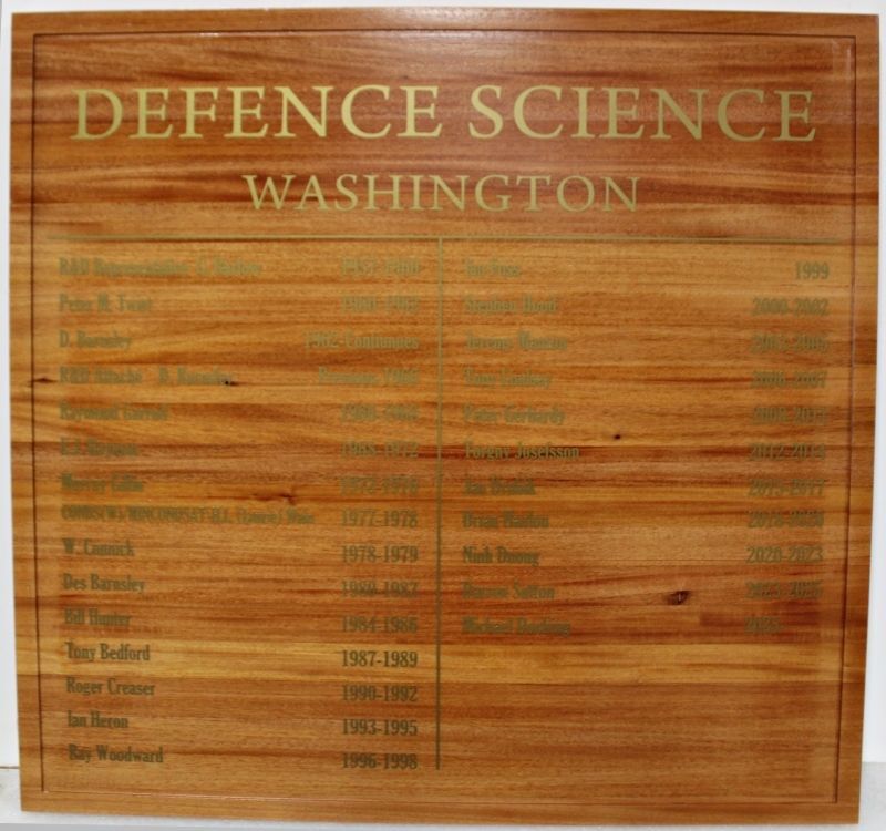 SB1119 - Carved Defence Science Washington Recognition Board in Natural Wood with Engraved Text