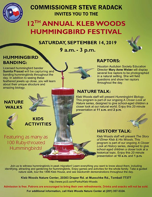 Kleb Woods Hummingbird Festival Event Calendar Houston Audubon