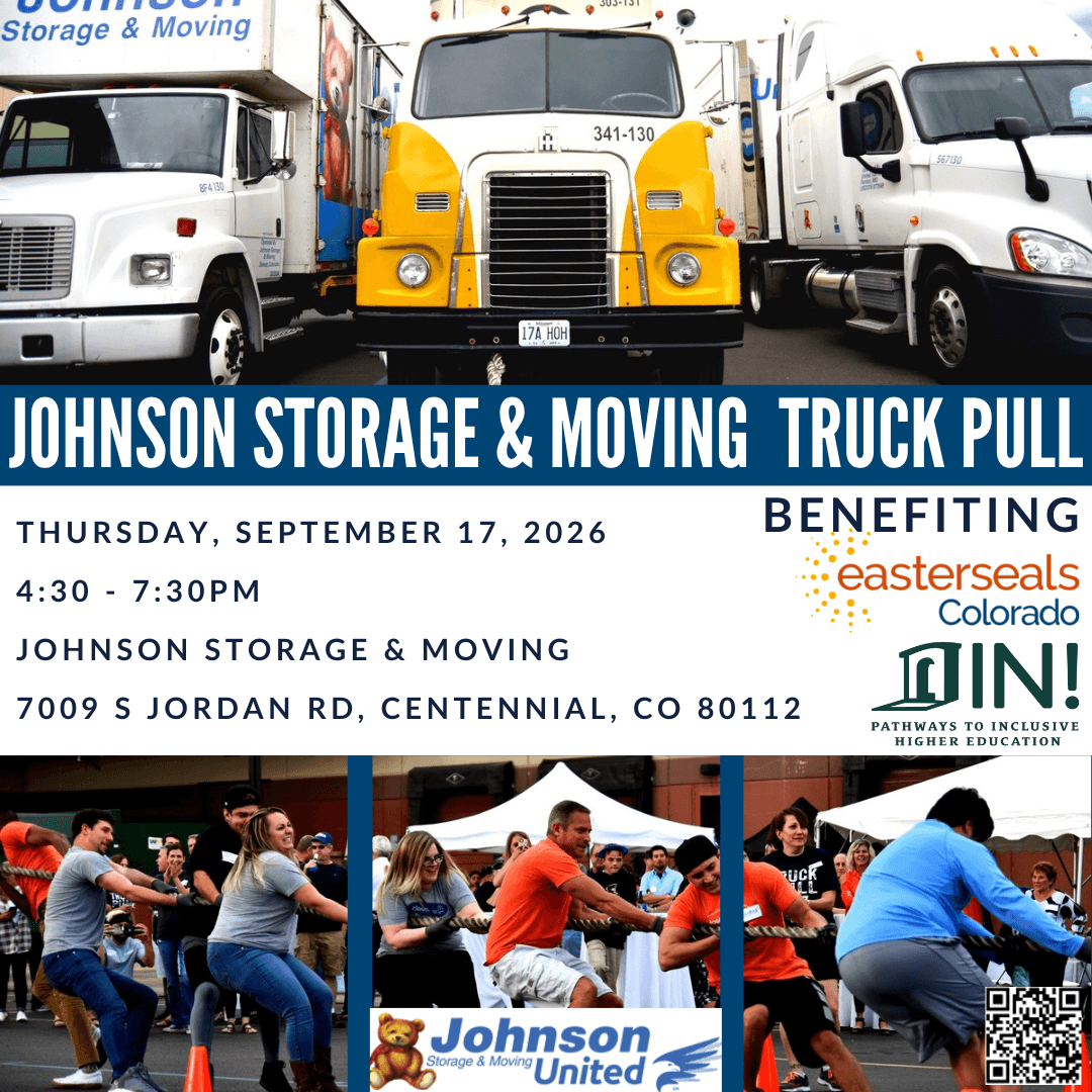 A flyer in 3 graphic parts. The top has a photo of 3 different semi trucks in increasing size. The middle has text: "JOHNSON STORAGE & MOVING TRUCK PULL / Thursday, September 17, 2026 / 4:30-7:30 pm / Johnson Storage & Moving / 7009 S Jordan Rd, Centennia