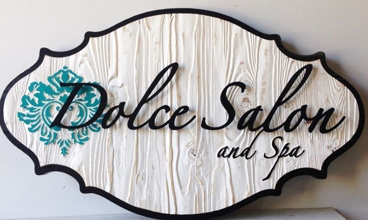 SA28382 - Carved and Sandblasted Cedar sign made for the Dolce Salon and Spa,, with Raised Aluminum Text Mounted on the Wood