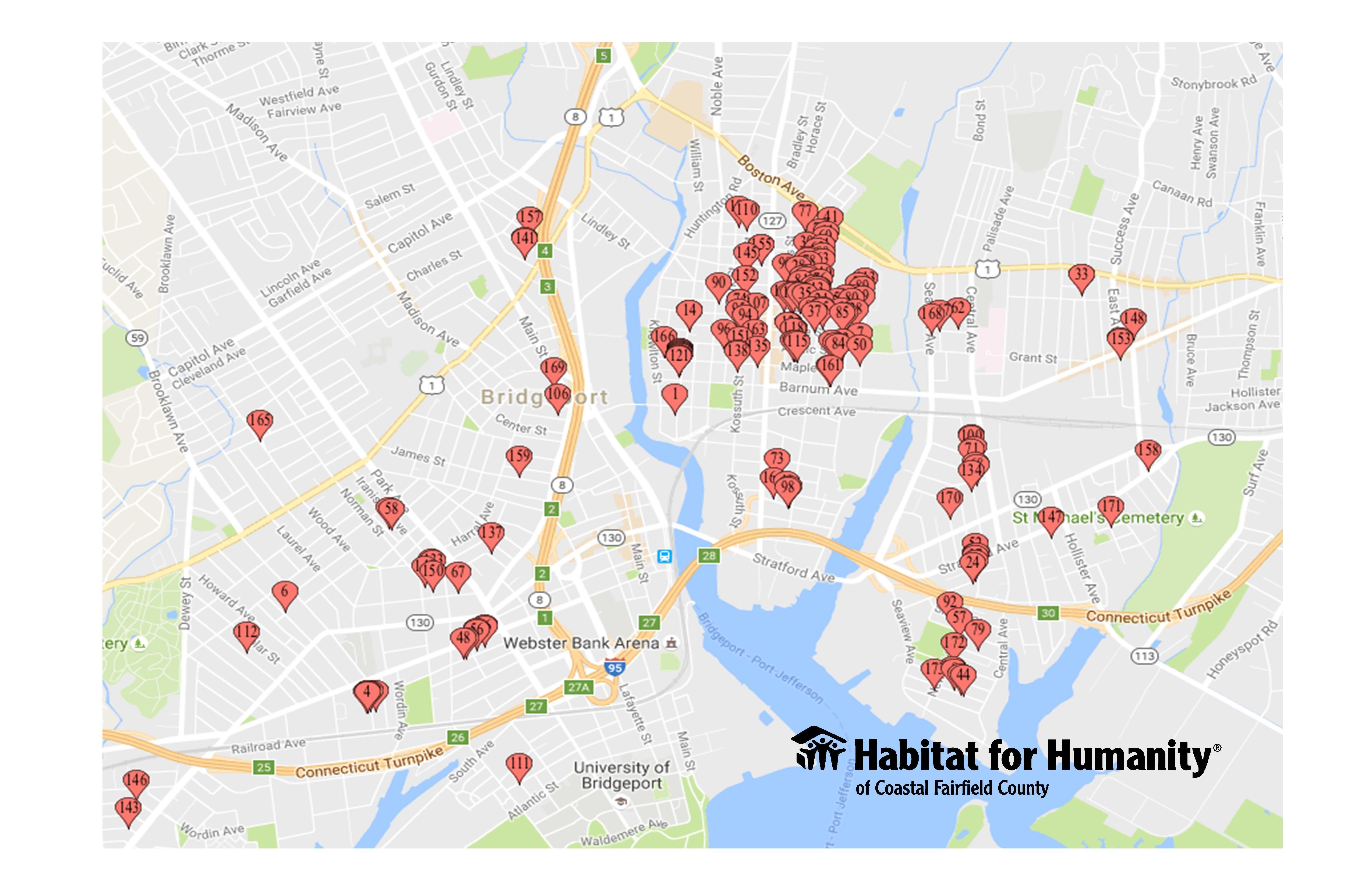 Map of the houses Habitat CFC has built to date in Bridgeport