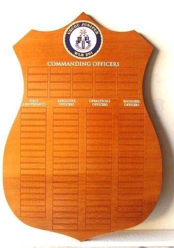 SB1120 - Shield Plaque Commemorating Previous Officers  of the US Coast Guard Cutter Juniper,Carved from California Redwood