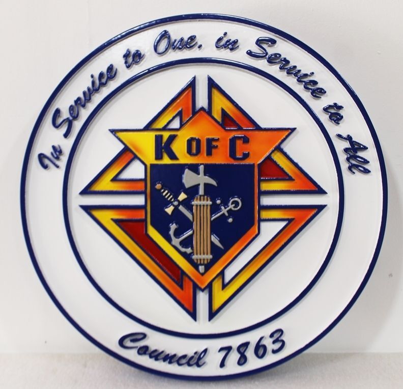 UP-1142- Carved Wall Plaque of the Emblem / Badge  of Knights of Columbus,  Artist Painted