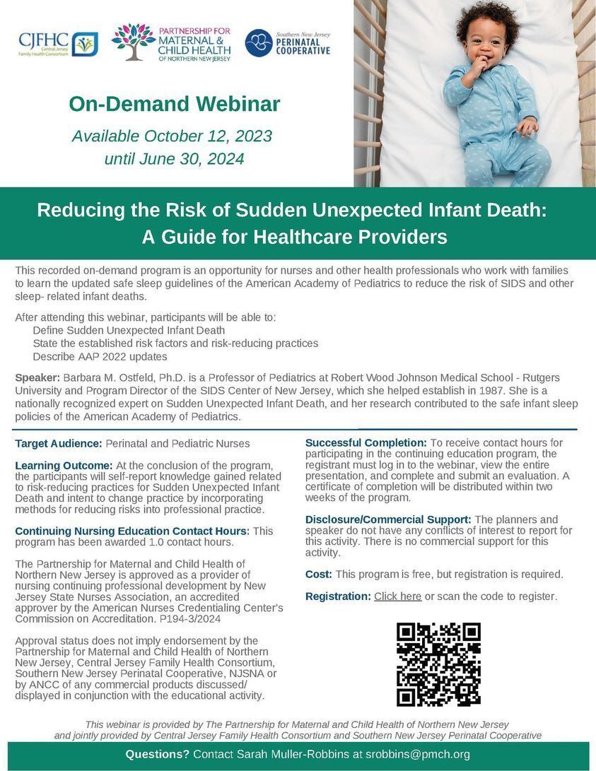 This recorded program is for nurses and other health professionals who work with families to learn the updated safe sleep guidelines of the American Academy of Pediatrics to reduce the risk of SIDS and other sleep- related infant deaths. 