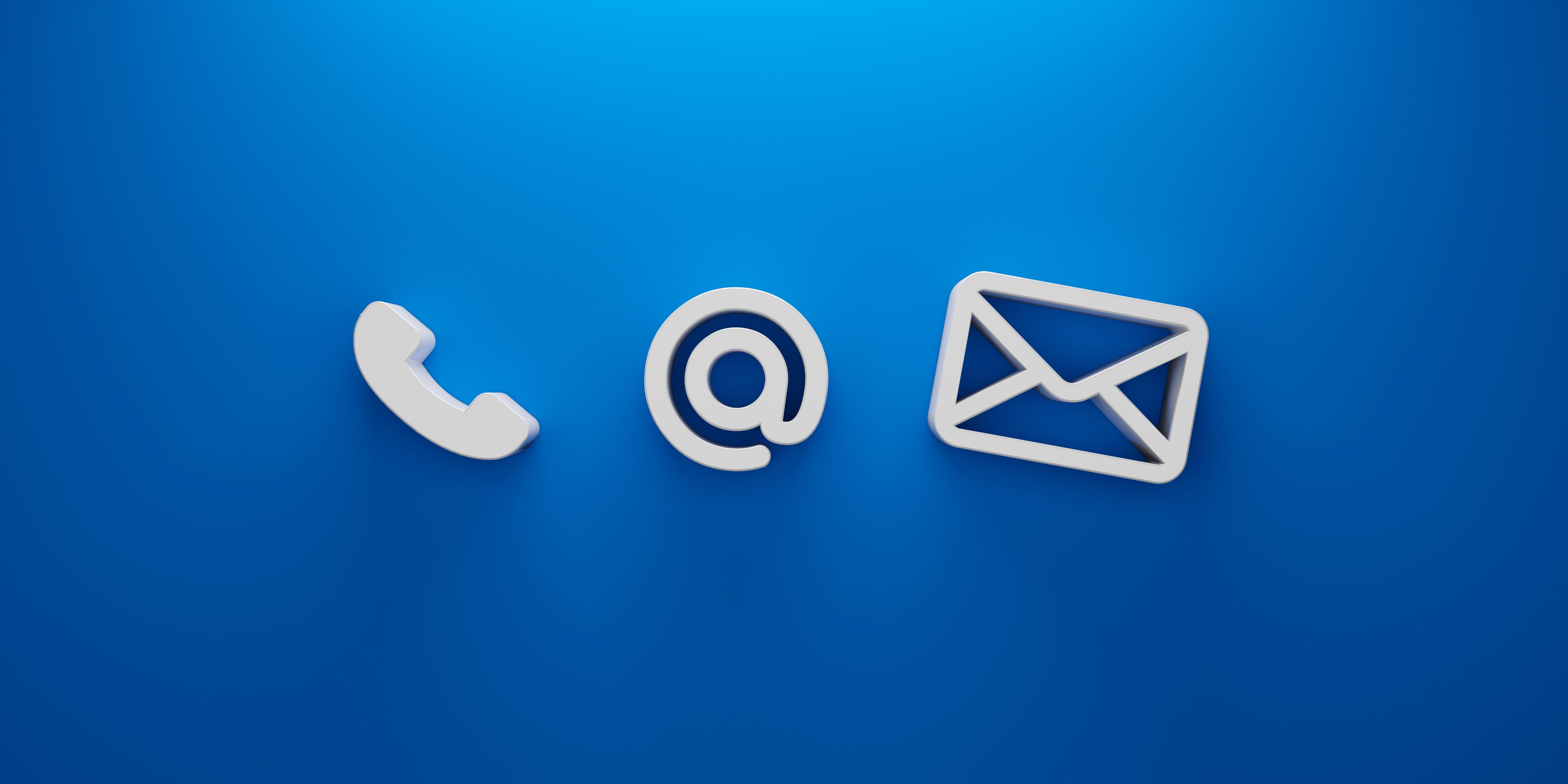 Stylized "contact us" concept with icons of telephone, address, and email on blue background
