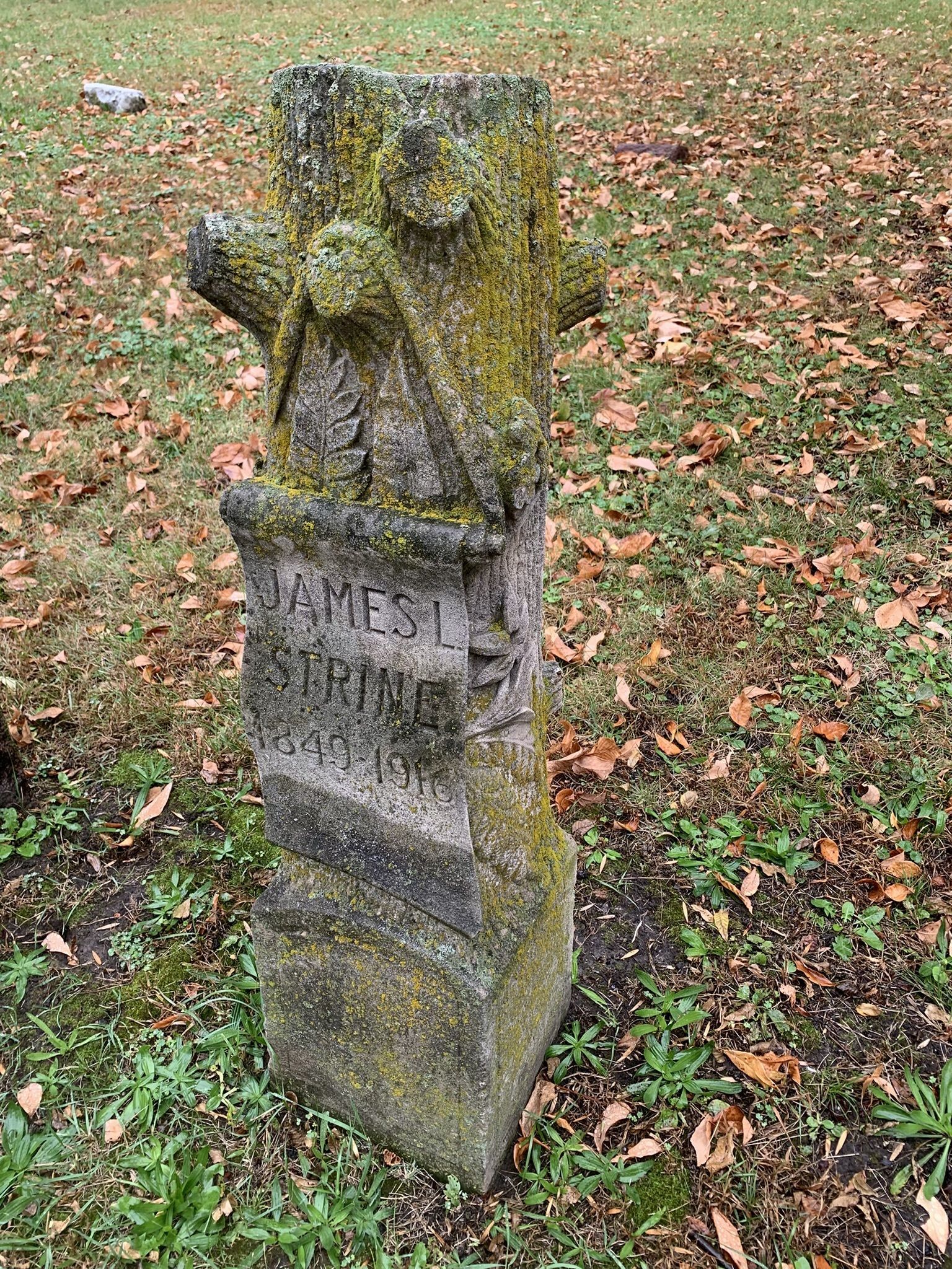 A limestone carved grave marker in the shape of a tree stump with James L Strine 1849-1916 listed