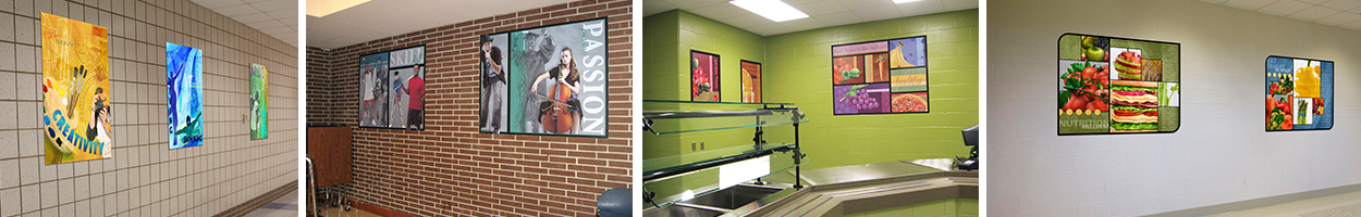 4 pictures of wall art murals in schools, custom signs, food art,