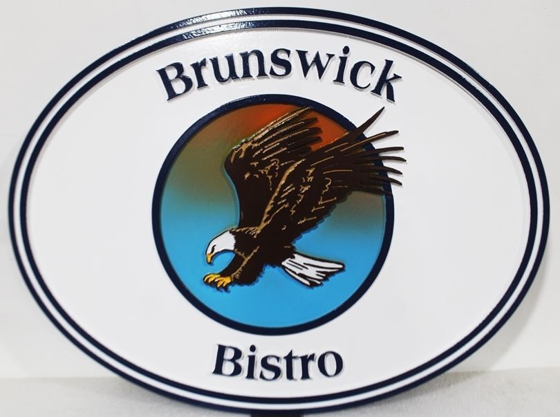 Q25561A - Carved  2.5-D Multi-Level Sign for "Brunswick Bistro"  , with Artist-Painted Bald Eagle as Artworki