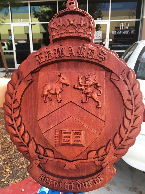 XP-1180 - Carved Wall Plaque of Family Coat-of-Arms with Crown, Shield and Wreath , Mahogany Wood