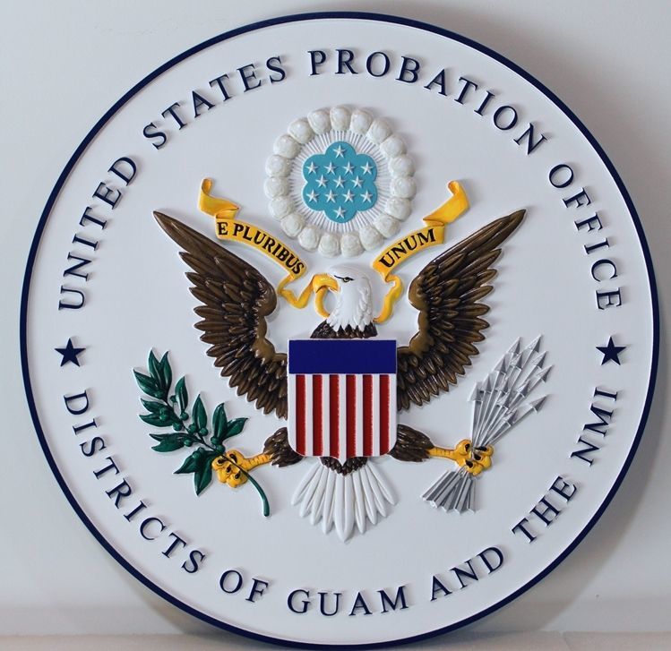 FP-1532 - Carved 3-D Bas-Relief Artist-Painted HDU Plaque  of the  Seal of the United States Probation Office, Districts of Guam and the NMI