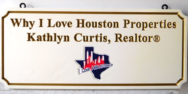 C12338-  Engraved HDU Hanging Sign for Houston Properties, with Recessed Art of Texas Logo