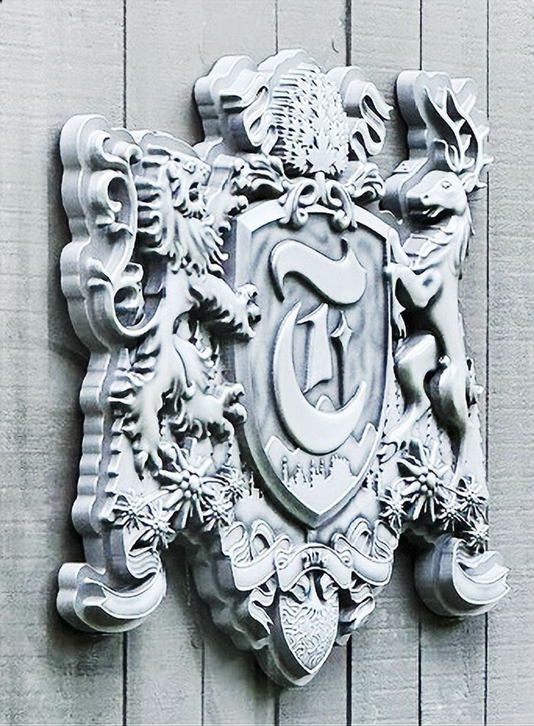 XP-1021A - Carved 3-D Wall Plaque of a Family's Coat-of-Arms with  a Shield  Supported by a Rampant Lion and Deer and topped by a Tree 