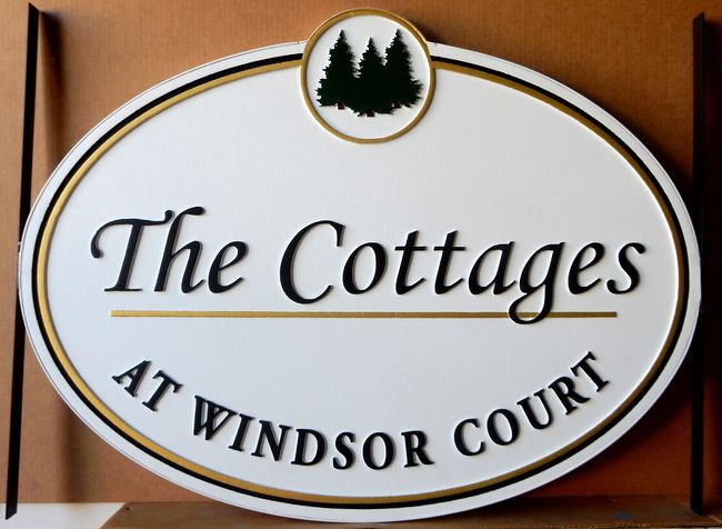 K20169 - Carved HDU Sign for "The Cottages" Townhouses at Windsor Court with Carved Forest Trees