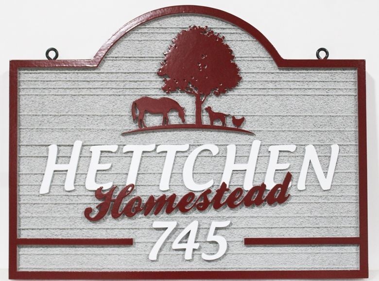 O24900 - Carved 2.5-D HDU Entrance Address Property Name Sign for the " Hetchen Homestead", with Silhouettes of a Tree, Horse, Dog and Chicken as Artwork