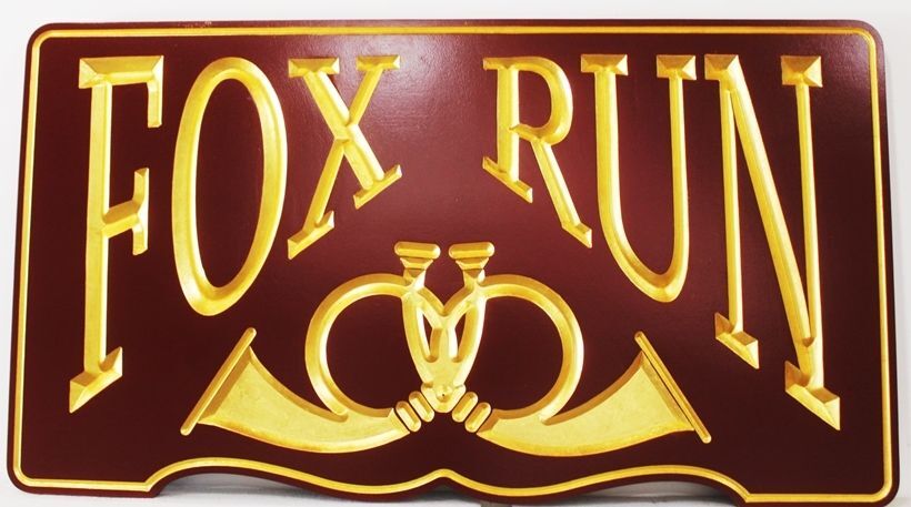 O24611 - Prismatic Engraved Sign for Fox Run  Farm , with Fox Hunting Horns as Artwork