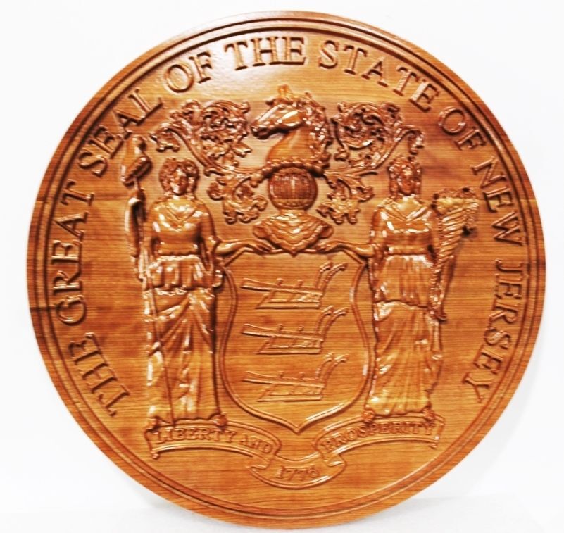 BP-1356 - Carved 3-D Bas-relief  Mahogany Wood Plaque of the Great Seal of the State of New Jersey