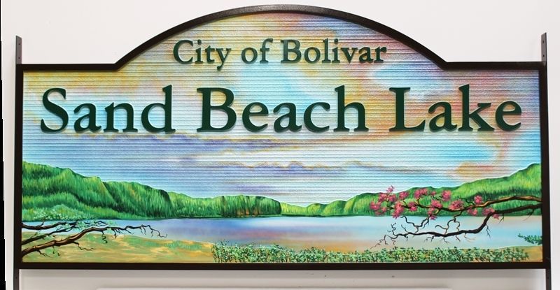 GA16503 - Carved and Sandblasted Wood Grain High-Density-Urethane (HDU)  Entrance Sign  for Sand Beach Lake,  City of Bolivar, Tennessee, with a Scene of the Lake as Artwork