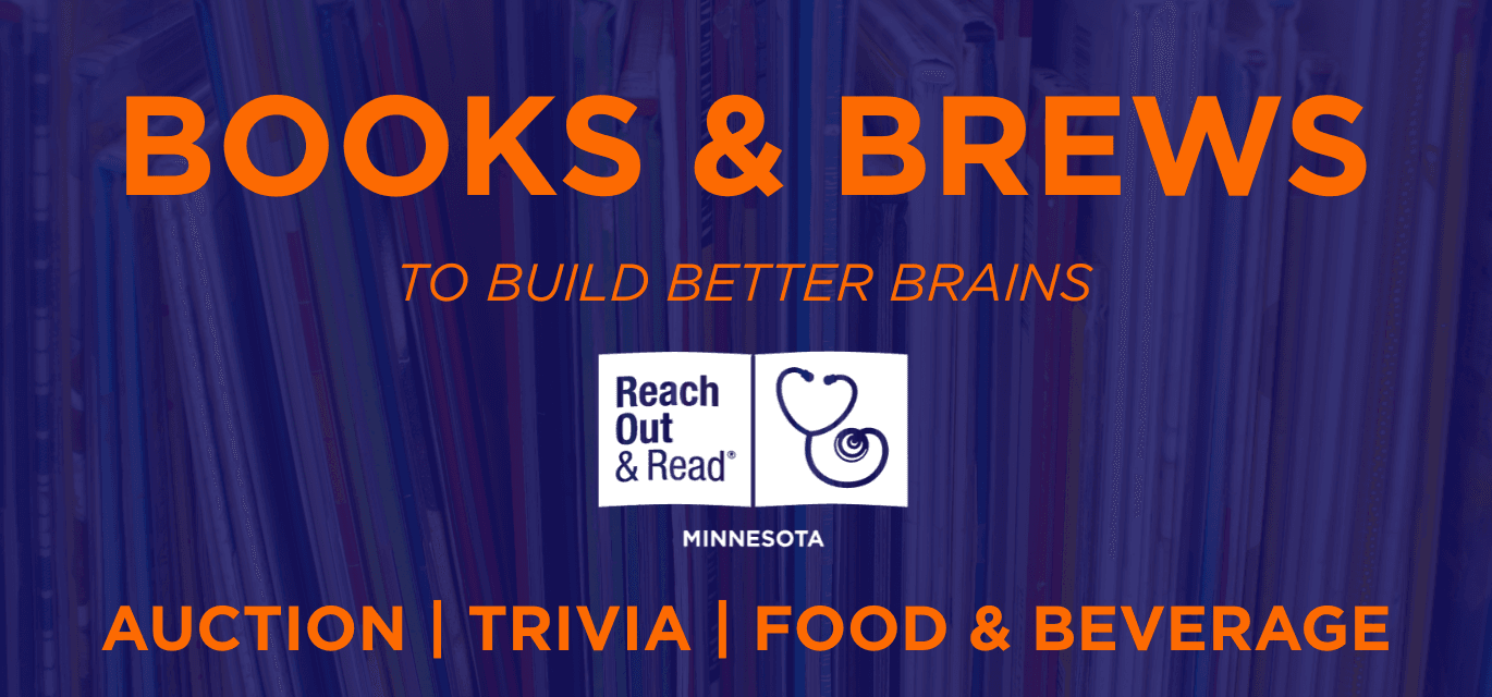 Big orange text: "BOOKS AND BREWS TO BUILD BETTER BRAINS. AUCTION, TRIVIA, FOOD & BEVERAGE
