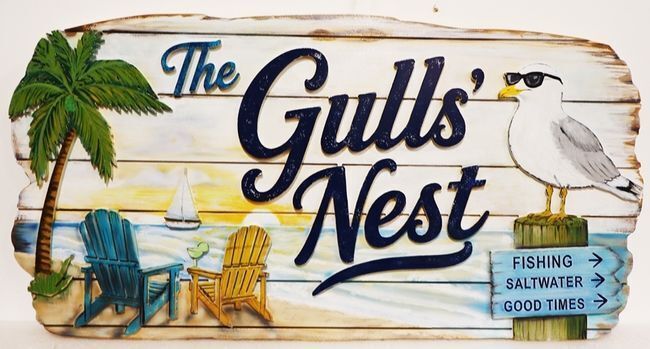 Blue Moon Bay Property Sign – A stylized coastal plaque features bold vintage lettering sweeping across a large blue moon and silhouetted palm trees, evoking a dreamy bayside retreat.
