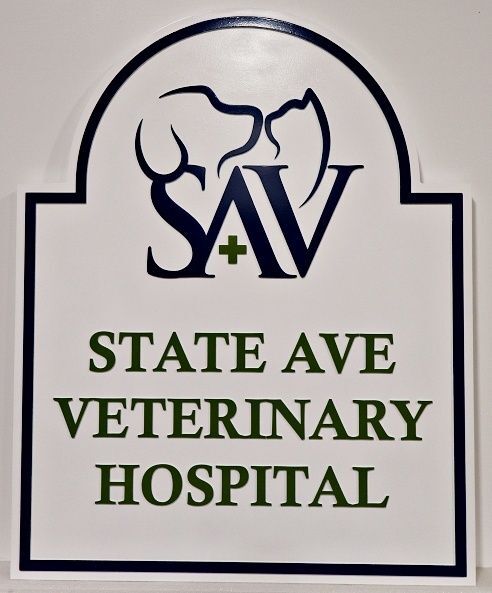 BB11743 - Custom Carved Sign for "State Ave Veterinary Hospital" with Artwork