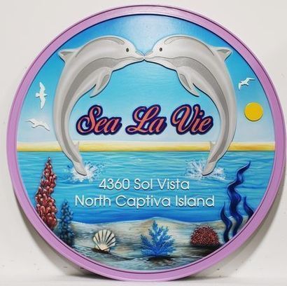 L21388 -  Carved  2.5-D Multi-level Relief HDU Coastal Residence Name and Address Sign "Sea La Vie"., with Two Porpoises, the Ocean and Seal Life as Artwork