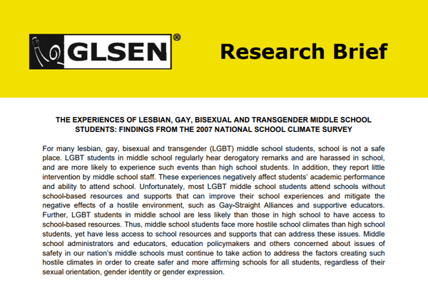 National School Climate. Survey: The experiences of lesbian, gay, bisexual and transgender Middle School