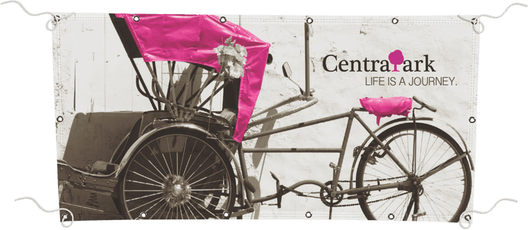 pink carriage printed on white mesh banner