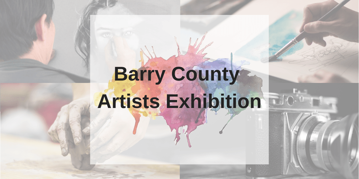 Building and trees in the background with Barry County Artists Exhibition in the foreground.