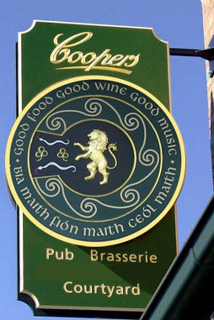 RB27560 -   Carved  Irish Pub and Brasserie Blade Sign with Rampant Gold Lion and Gaelic Text