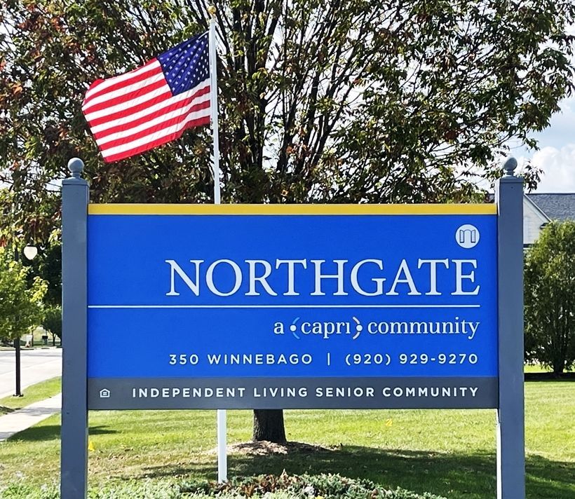 K20239 - Engraved HDU Entrance and Address Sign for the "Northgate" Independent Senior Living Community., Mounted between Two Posts with Finials