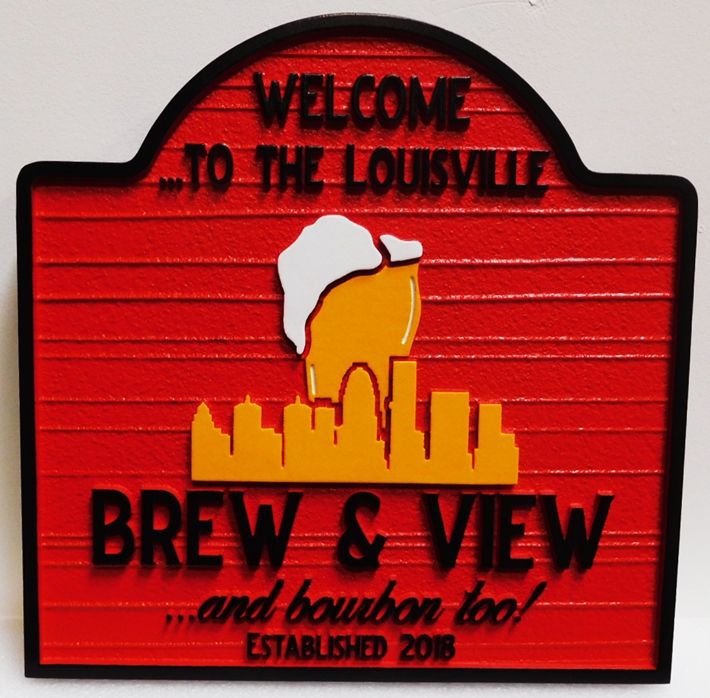 RB27163  - Carvedand Sandblasted HDU  "Brew & View"  Sign, 2.5-D Artist-Painted 