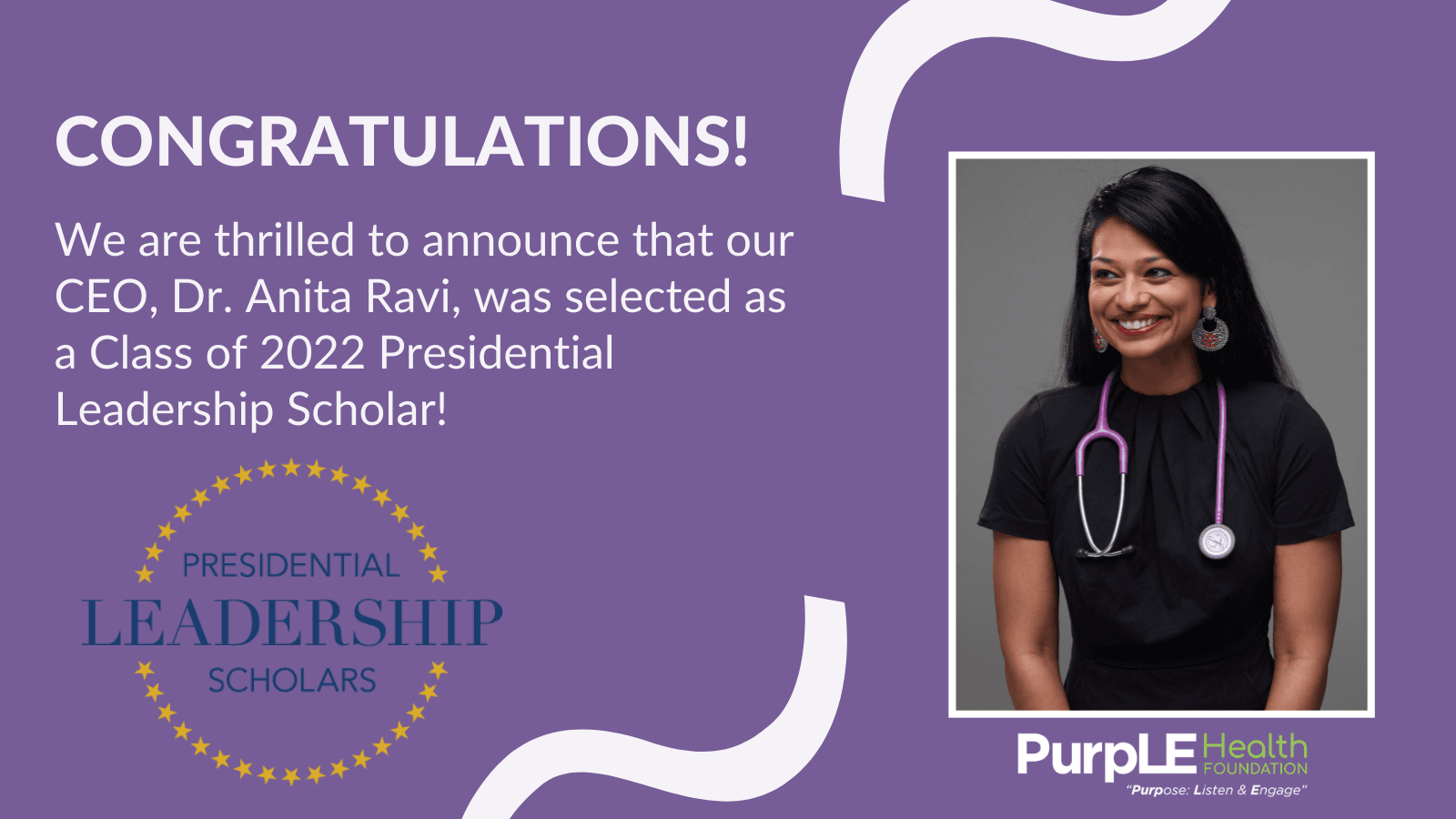 Congratulations to our CEO, Dr. Anita Ravi, for being selected to join the newest class of Presidential Leadership Scholars! The PLS program brings together bold and principled leaders who are committed to facing critical challenges around the world.