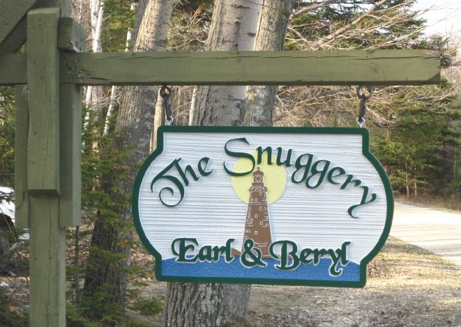 L21428 - Lake Michigan Coast Carved Residence Sign "The Snuggery"  with Lighthouse