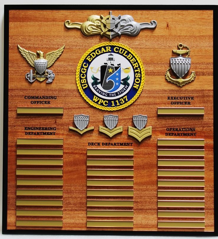 SA1030 - Chain-of-Command Board for the US Coast Guard Cutter Edgar Culbertson, Carved from Mahogany Wood