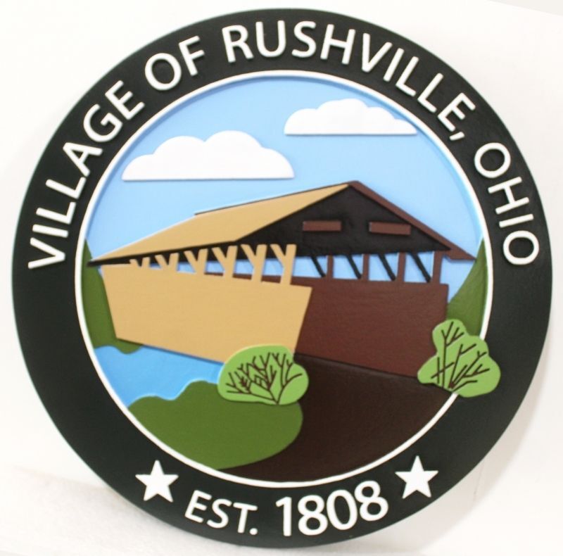 DP-2386 - Carved  2.5-D Multi-Level Artist-Painted Plaque of the Seal of the Village of Rushville