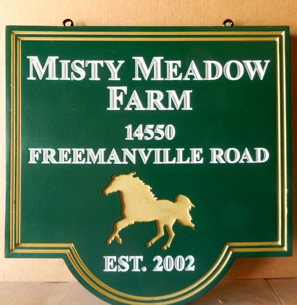 P25172 - Carved HDU Entrance Address Sign for " Misty Meadow Farm", with golden engraved Horse 