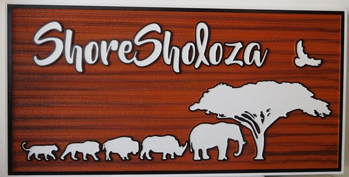 O24644- Carved Entrance Sign for "Shore Soloza", 2.5-D Raised Outline Relief, with African Animals (Elephant, Giraffe, Lion and Rhino, etc)  as Artwork