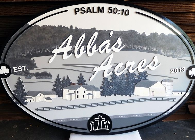 O24817 - Carved Sign for  the "Abba's Acres" Farm with Scene of Farmhouse, Barn, Fence, Pasture  and Tree 