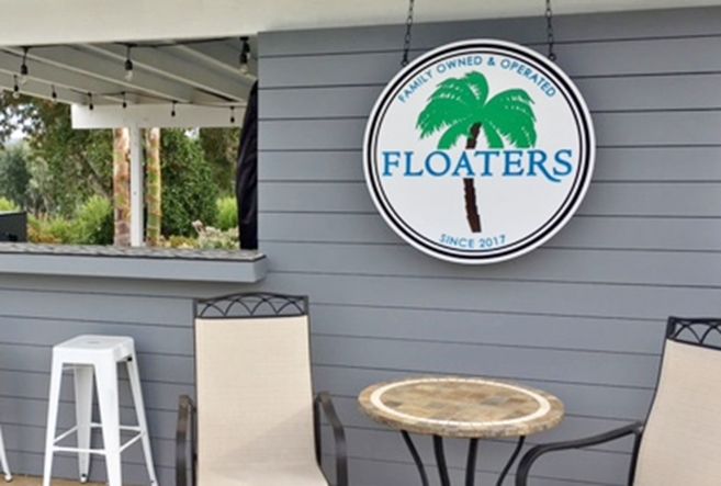L21140A- Engraved Sign for "Floaters" Bar with  Palm Tree, Mounted on Wall