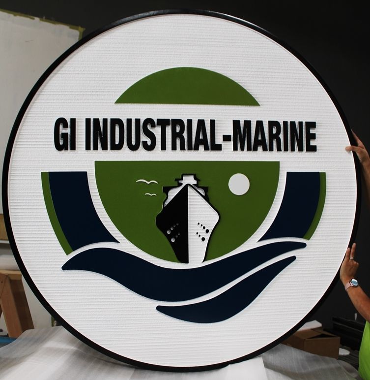 SA28868 - Carved 2.5-D  Raised  Relief and  Sandblasted  Wood Grain HDU Sign for GI Industrial Marine, with a Ship as Artwork