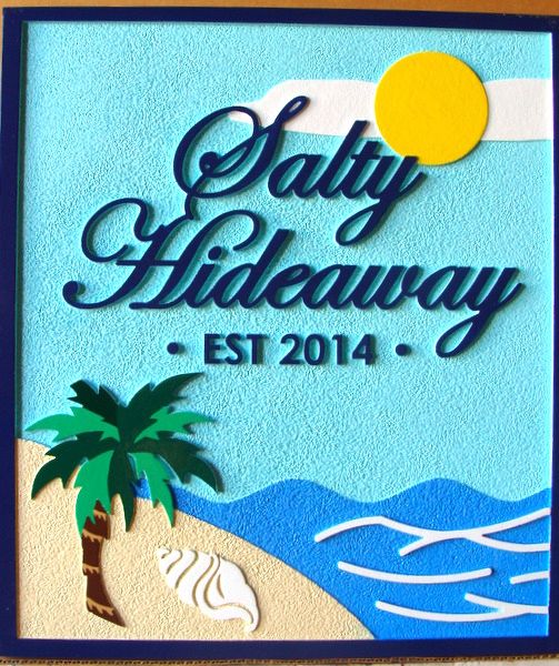 L21112 - Carved 2.5D HDU Beach House Sign, “Salty Hideaway” with Palm Tree and Conch Shell on Beach facing Ocean