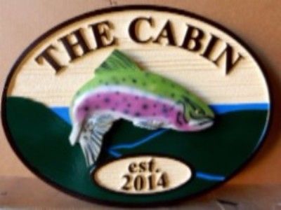 M22552 -  Carved  and Sandblasted (Wood Grain) Cabin Sign with Large 3-D Carved Leaping Rainbow Trout