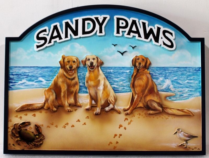 L21103A - Carved Coastal Home "Sandy Paws'' Sign