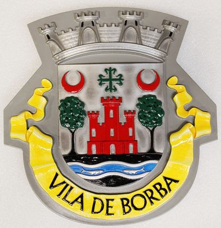 XP-3400 - Carved Metal-Plated and Painted Plsaque of the Coat-of Arms for the Villa De Borba, with Castle and Trees