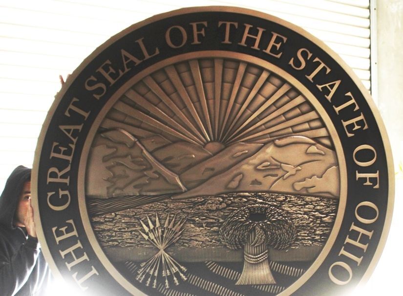 BP-1428 - Carved Plaque of the Seal of the State of Ohio,  3-D Relief, Bronze Metal Plated